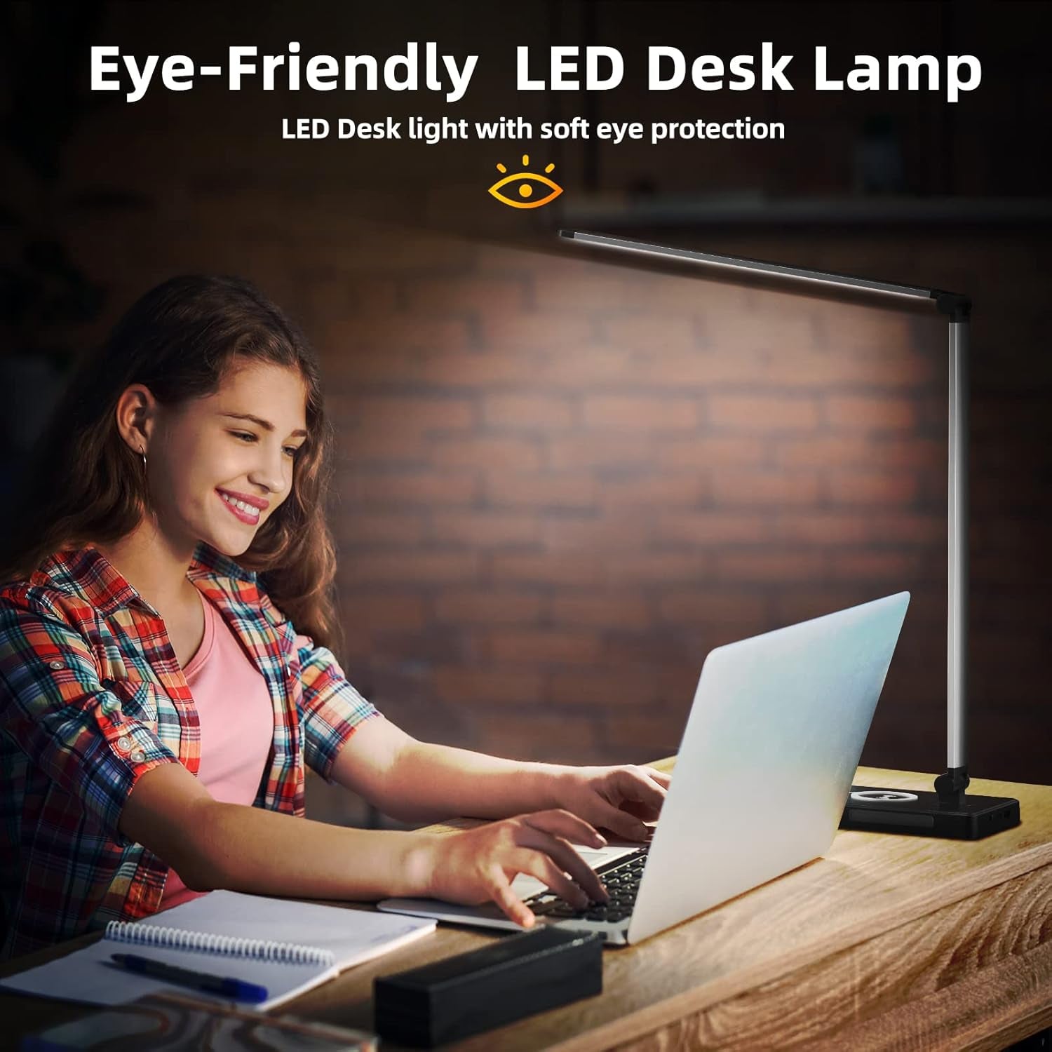 LED Desk Lamp with Wireless Charger & USB Charging Port, Desk Light for Home Office, 3 Color Temperatures & 5 Dimmable Brightness Levels, Touch Control, Eye-Caring Table Lamp for Study with Adapter