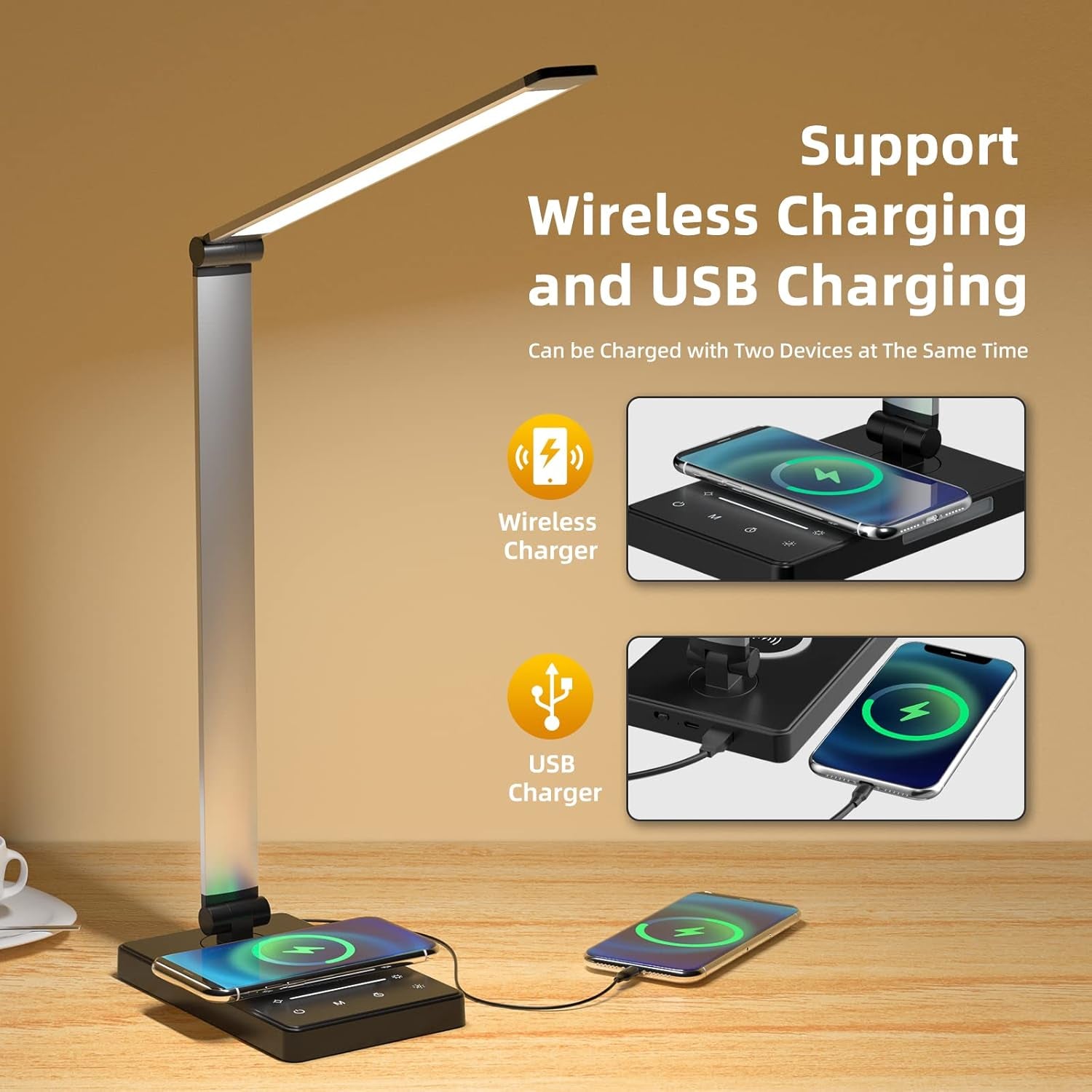 LED Desk Lamp with Wireless Charger & USB Charging Port, Desk Light for Home Office, 3 Color Temperatures & 5 Dimmable Brightness Levels, Touch Control, Eye-Caring Table Lamp for Study with Adapter