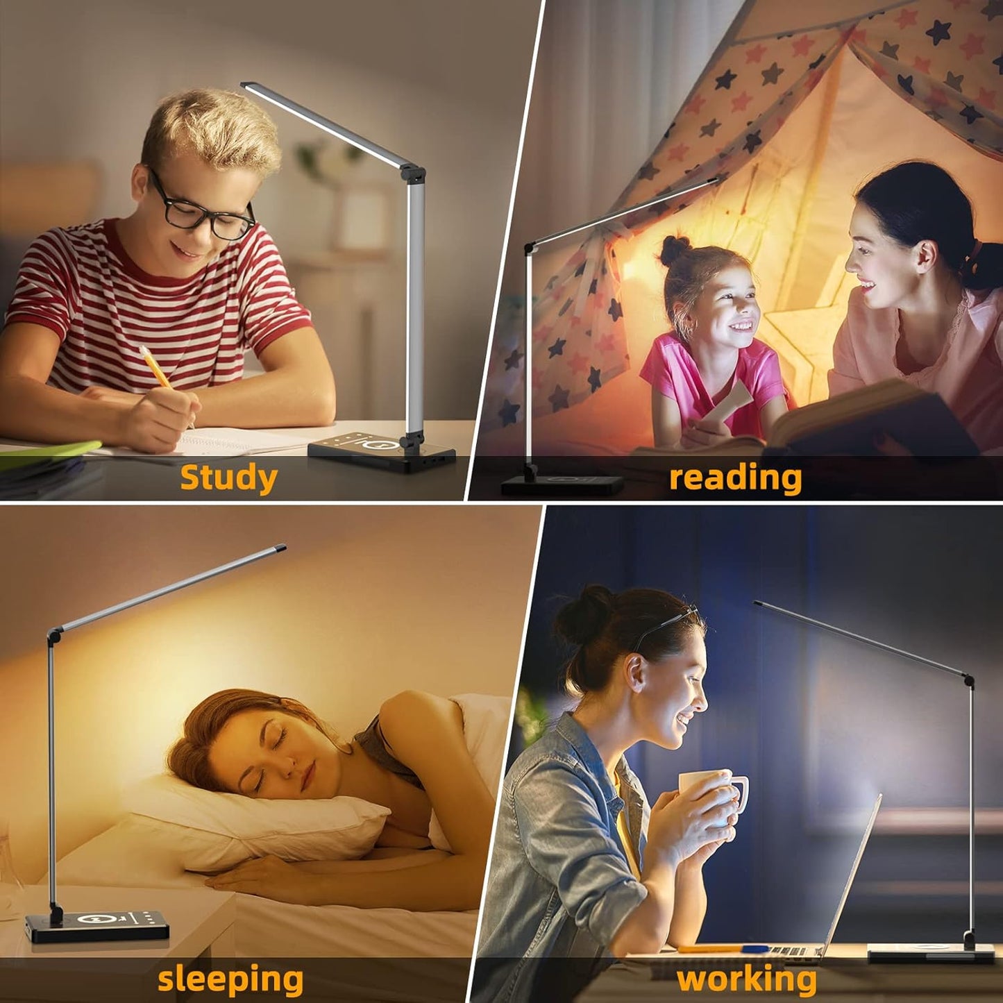 LED Desk Lamp with Wireless Charger & USB Charging Port, Desk Light for Home Office, 3 Color Temperatures & 5 Dimmable Brightness Levels, Touch Control, Eye-Caring Table Lamp for Study with Adapter