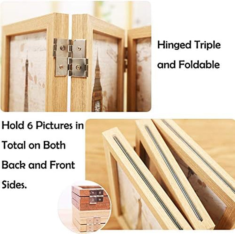 Wooden Folding Picture Frames 3.5X5 Decorative Hinged Table Desk Top Picture Photo Frame, 2 Way Vertical Openings with Acrylic - Hinged Triple Picture Frames- Tabletop Frames (Beige)