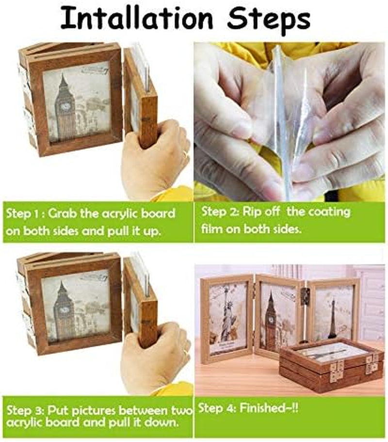 Wooden Folding Picture Frames 3.5X5 Decorative Hinged Table Desk Top Picture Photo Frame, 2 Way Vertical Openings with Acrylic - Hinged Triple Picture Frames- Tabletop Frames (Beige)