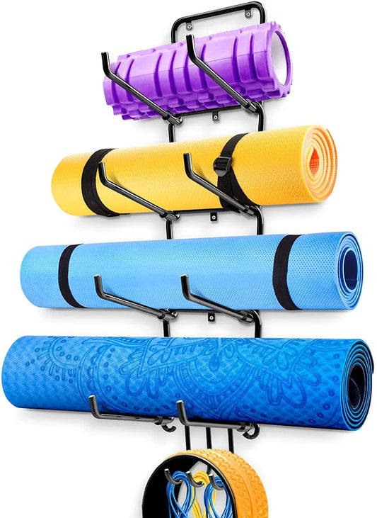 Yoga Mat Holder Wall Mount, Foam Roller Rack with 3 Hooks, 4 Sectional Metal Yoga Mat Storage